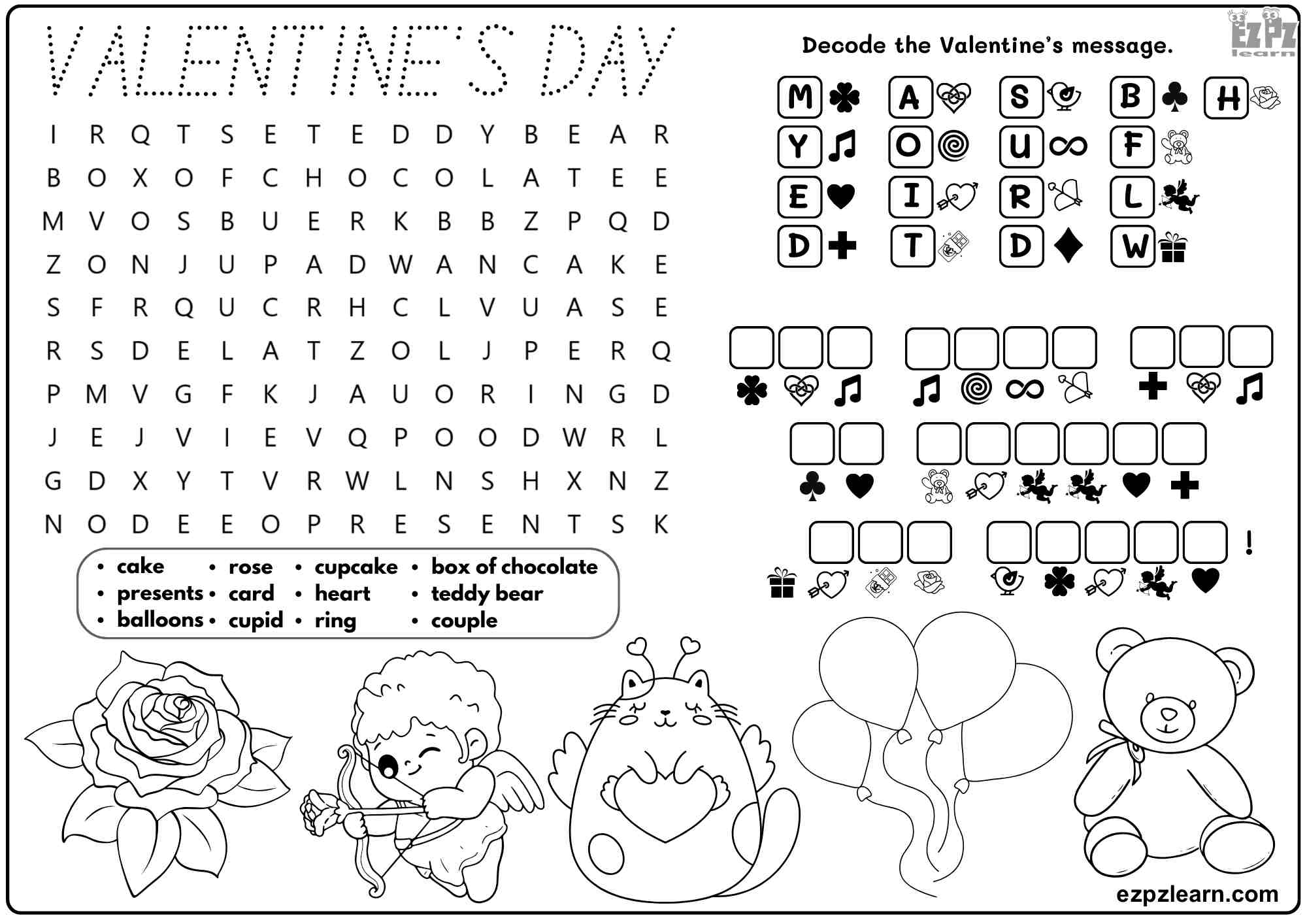 Valentine's Day Vocabulary For Kids. Includes: Word Search, Coloring, and Cryptography Activities. Free PDF Download